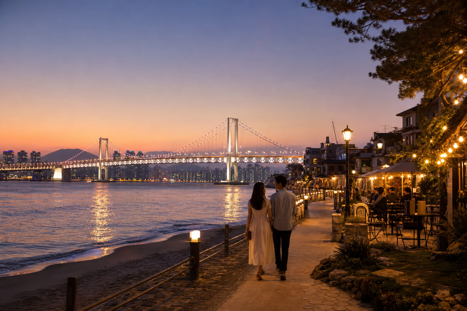 Romantic Busan evening scene with waterfront walk, bridge lights, and couple-friendly travel atmosphere.