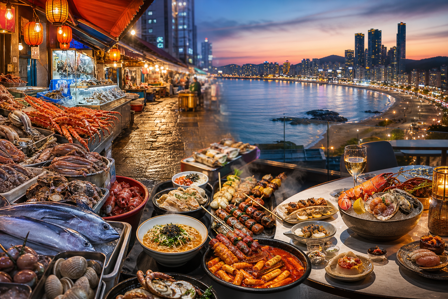 Busan food-travel illustration with seafood market energy, street food, and coastal dining atmosphere.