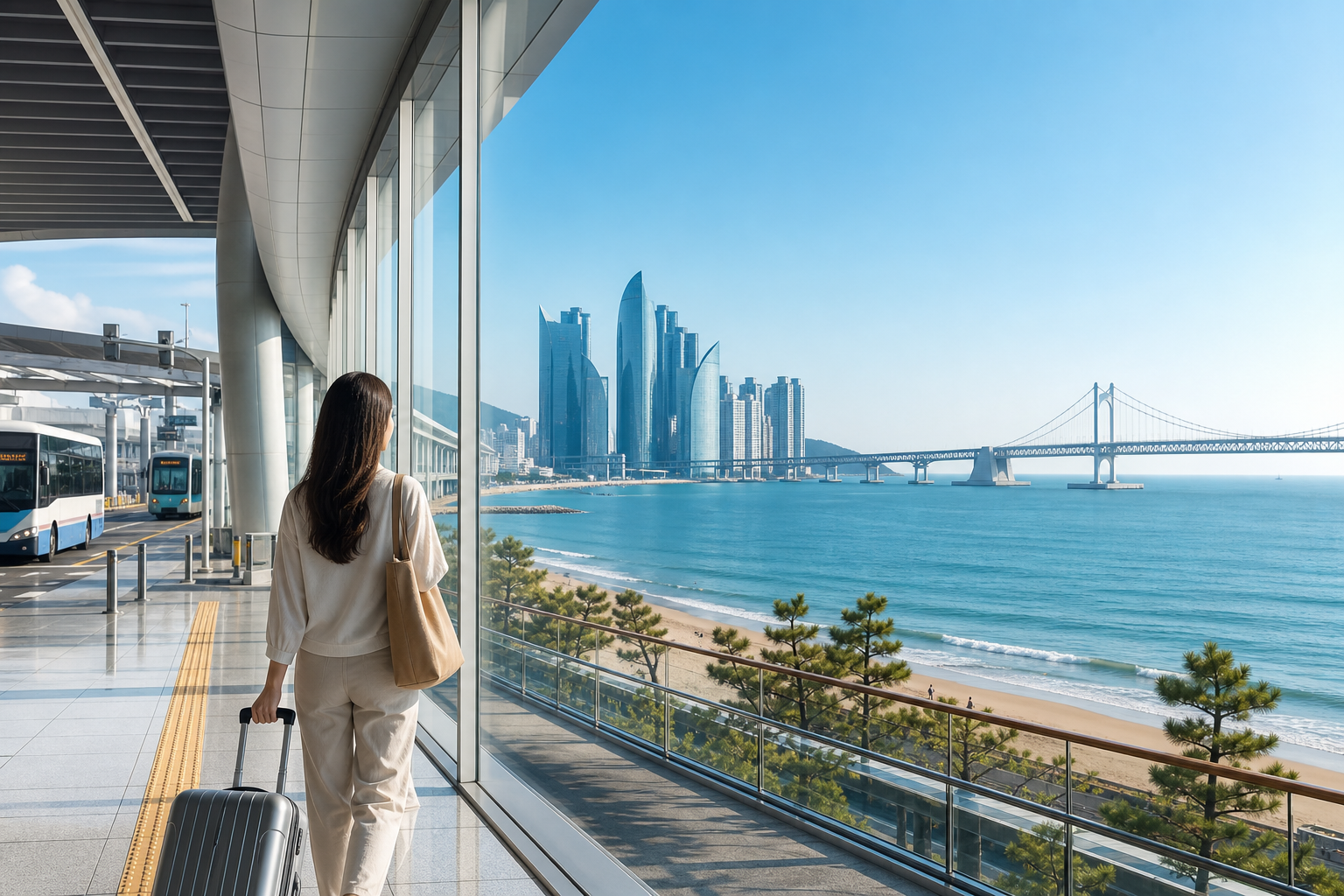 Illustrated arrival scene for traveling from Gimhae Airport to Gwangalli in Busan with waterfront skyline and Gwangan Bridge.