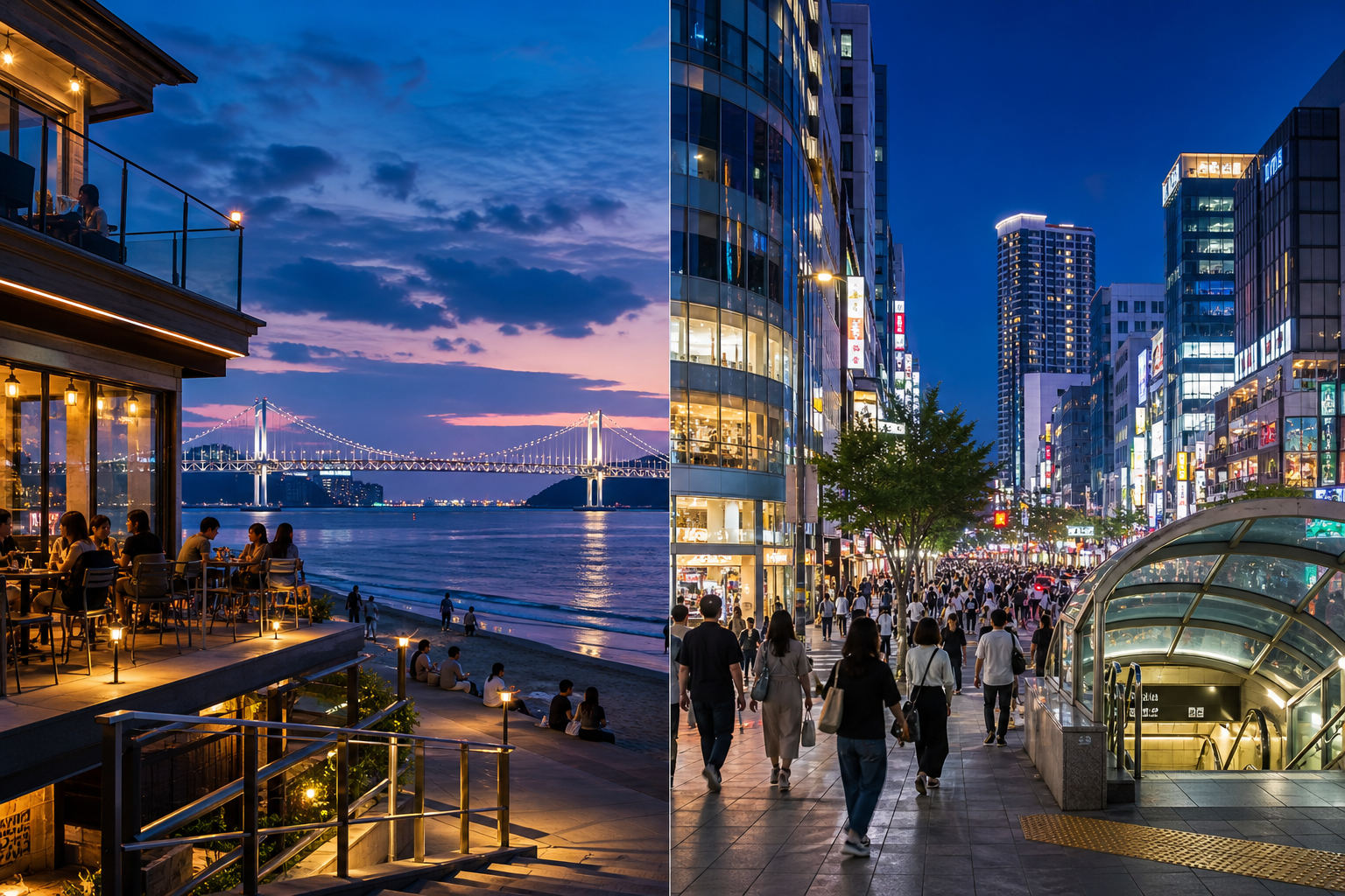 Illustrated comparison scene between scenic Gwangalli waterfront and central Seomyeon in Busan.