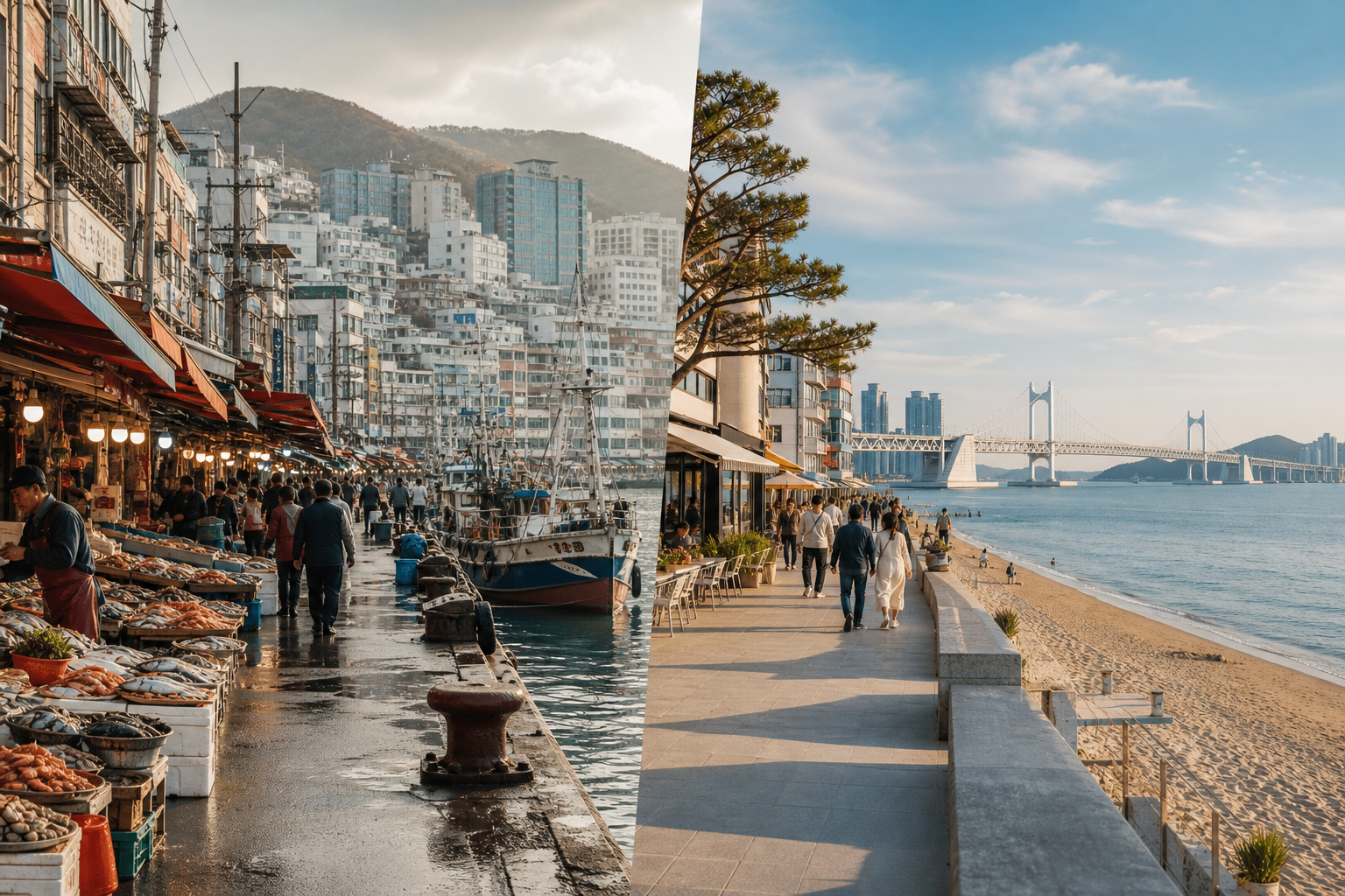Illustrated comparison scene between Nampo market atmosphere and Gwangalli waterfront views in Busan.