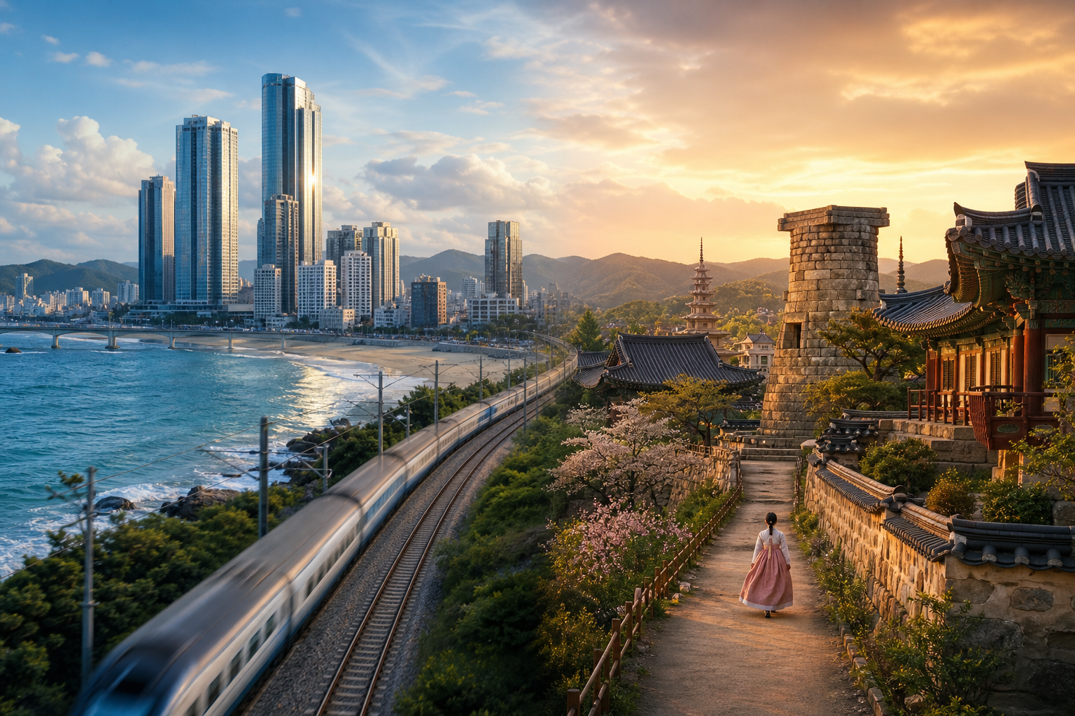 Busan to Gyeongju travel planning concept with coastal city and historic heritage atmosphere