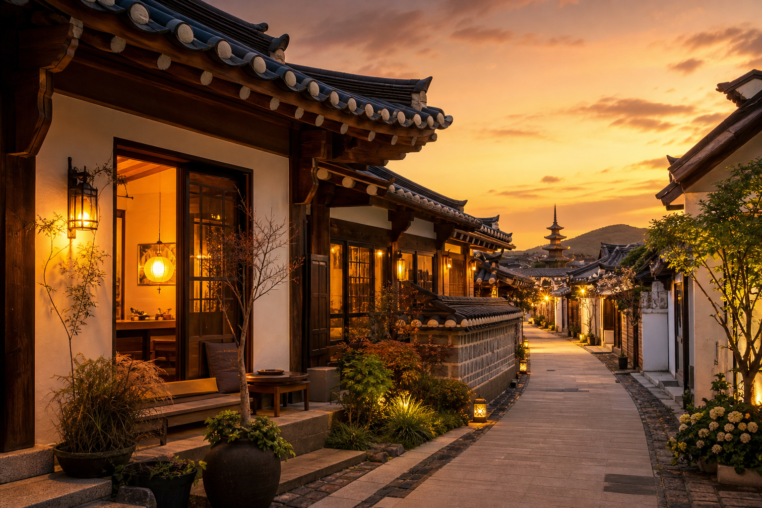 Atmospheric Gyeongju stay area with traditional street and refined guesthouse mood