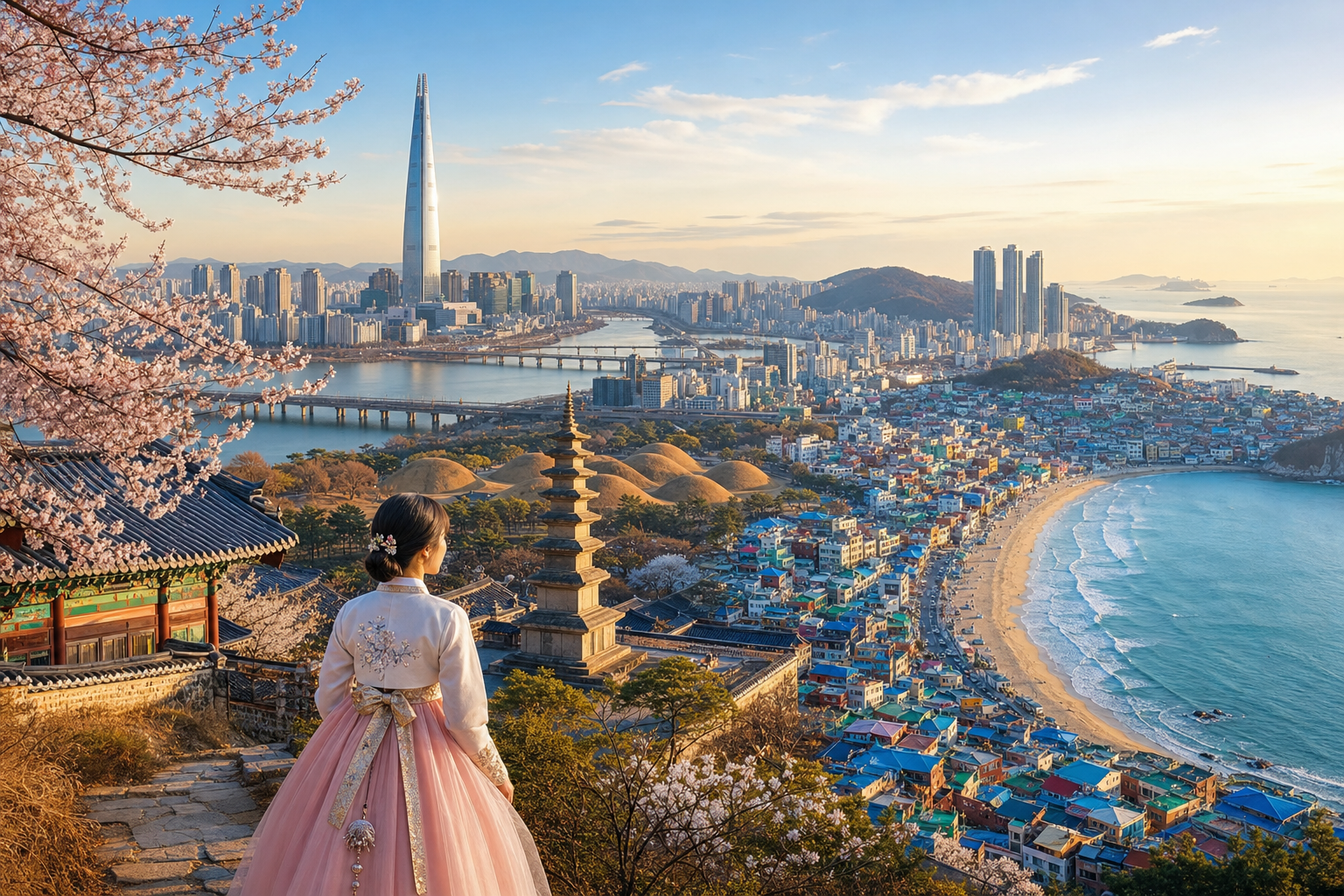 Korea travel planning image combining Seoul skyline, Busan coast, and Gyeongju heritage mood