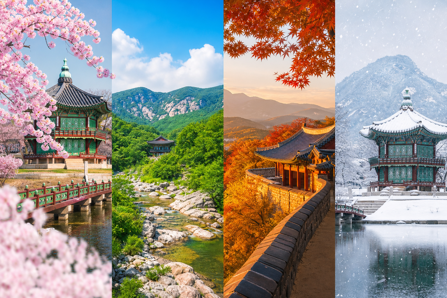 Seasonal Korea landscape collage with blossoms, greenery, autumn leaves, and snow
