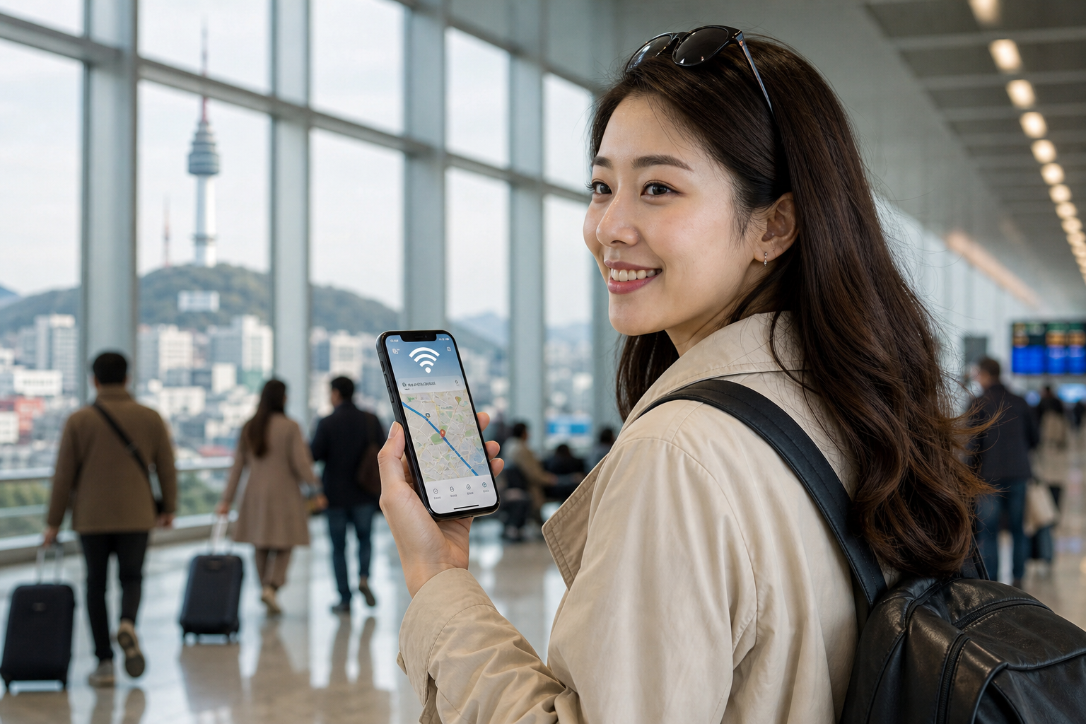 Traveler using smartphone with mobile data for Korea travel navigation
