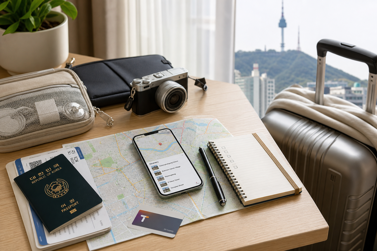 Traveler planning a Korea trip with documents, phone, map, and transit card
