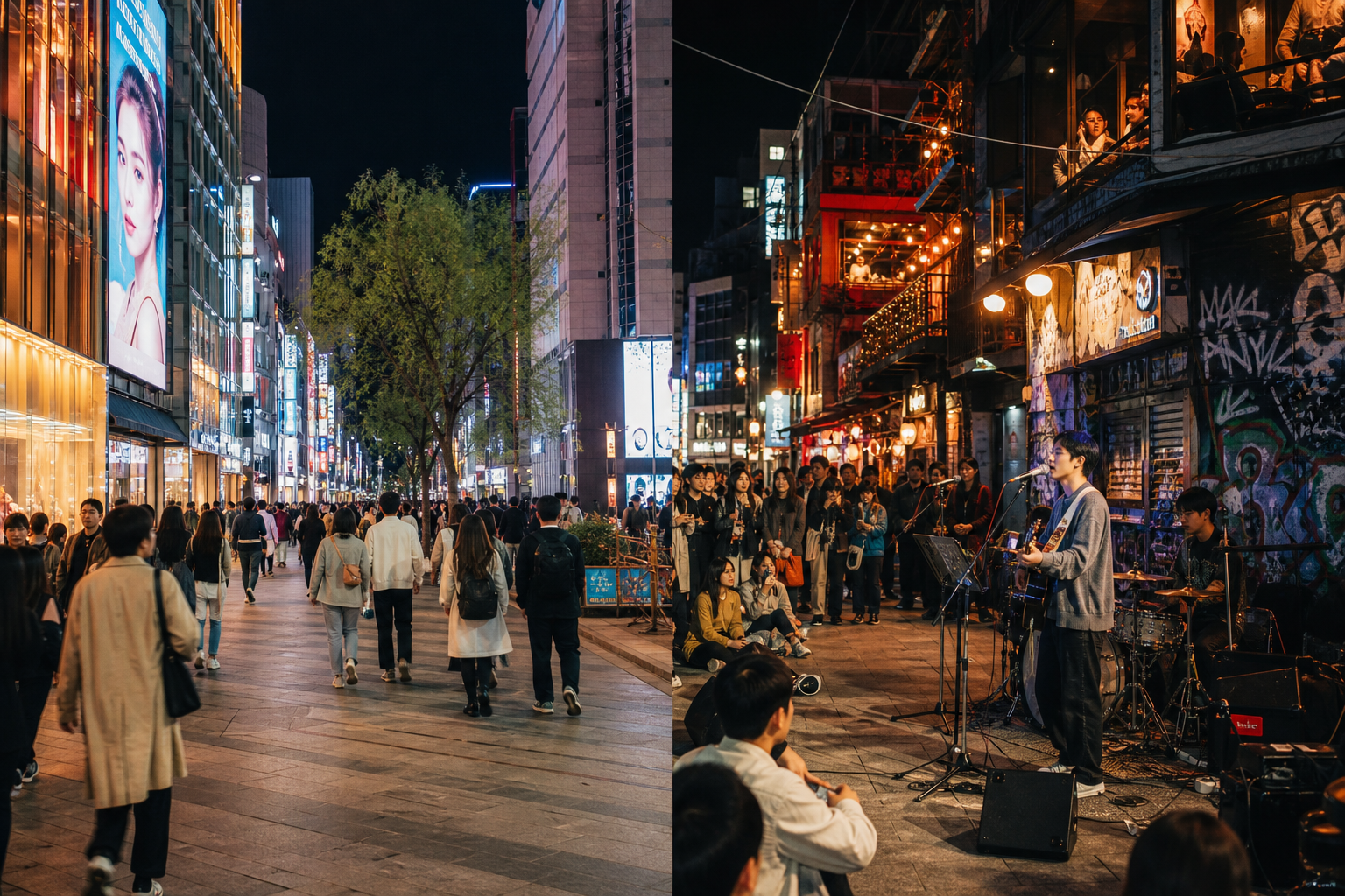 Editorial featured image comparing Myeongdong and Hongdae as Seoul hotel areas for first-time visitors.