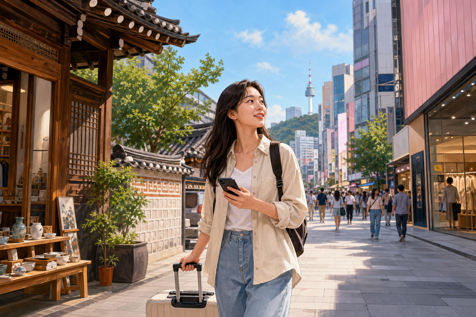 Solo traveler choosing between Hongdae, Myeongdong, and Insadong in Seoul