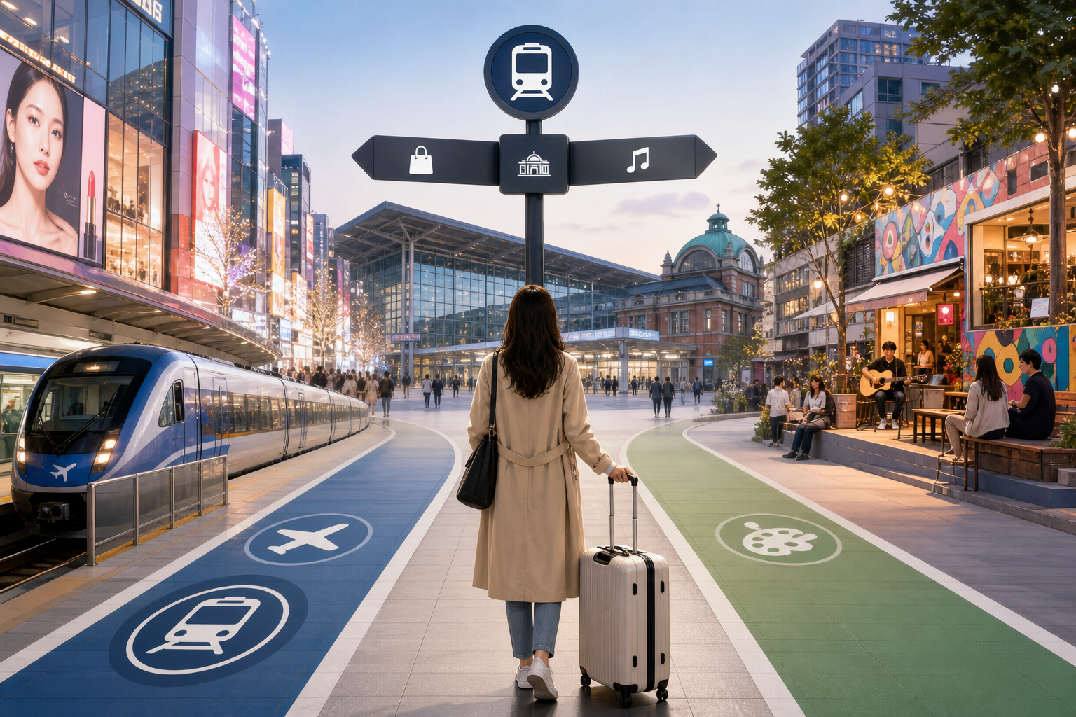 Traveler with luggage choosing a Seoul hotel area for easy airport access