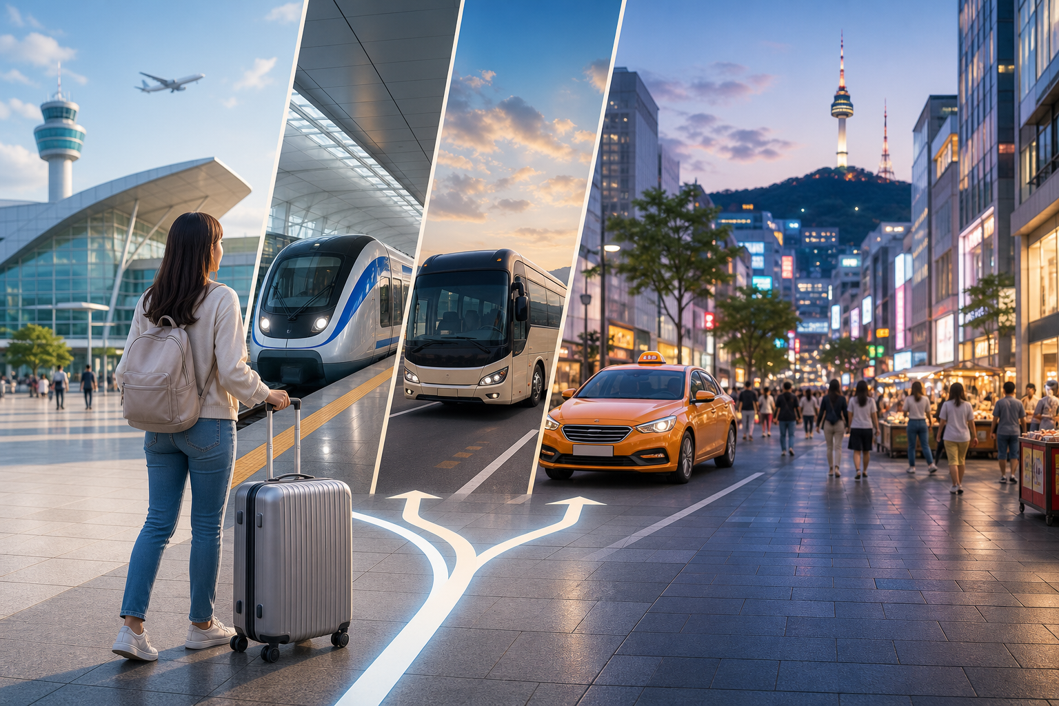 Traveler choosing train, bus, or taxi from Incheon Airport to Myeongdong