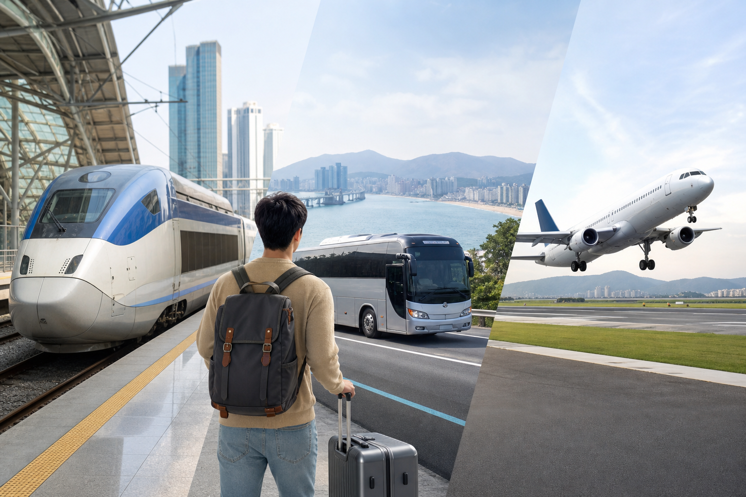 Traveler comparing KTX train, express bus, and flight options from Seoul to Busan