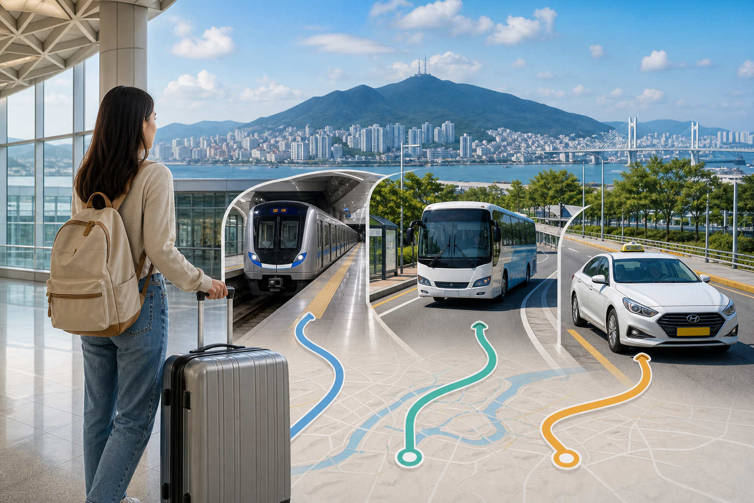 Traveler arriving at Gimhae Airport and comparing public transport, airport bus, and taxi into Busan