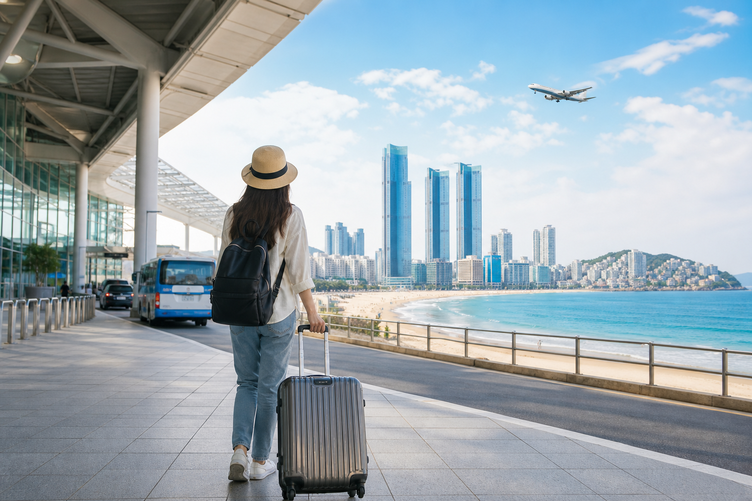 Traveler heading from Gimhae Airport to Haeundae with luggage and coastal arrival cues