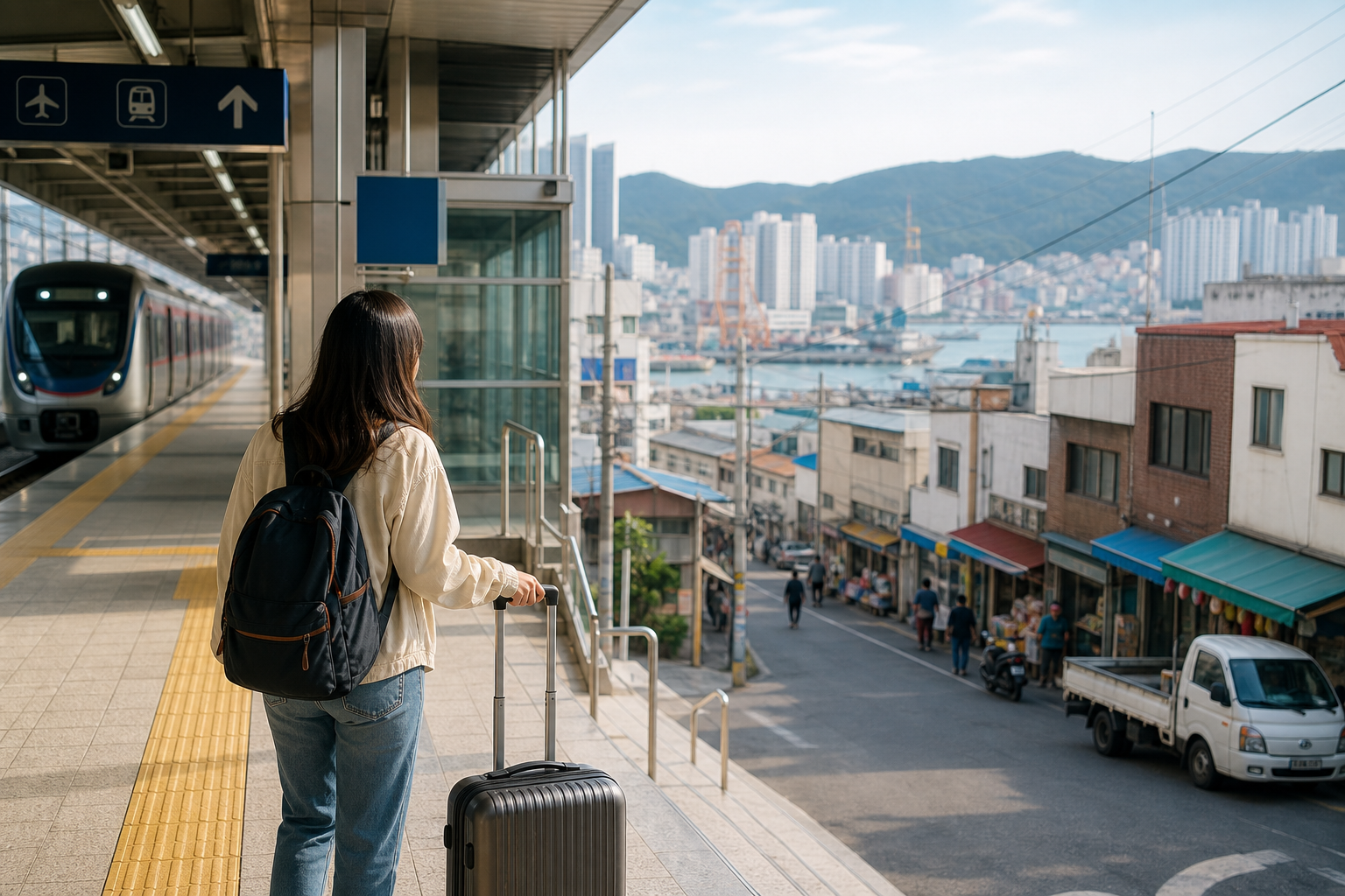 Traveler arriving from Gimhae Airport to Nampo with older port-side Busan city atmosphere and practical transport cues