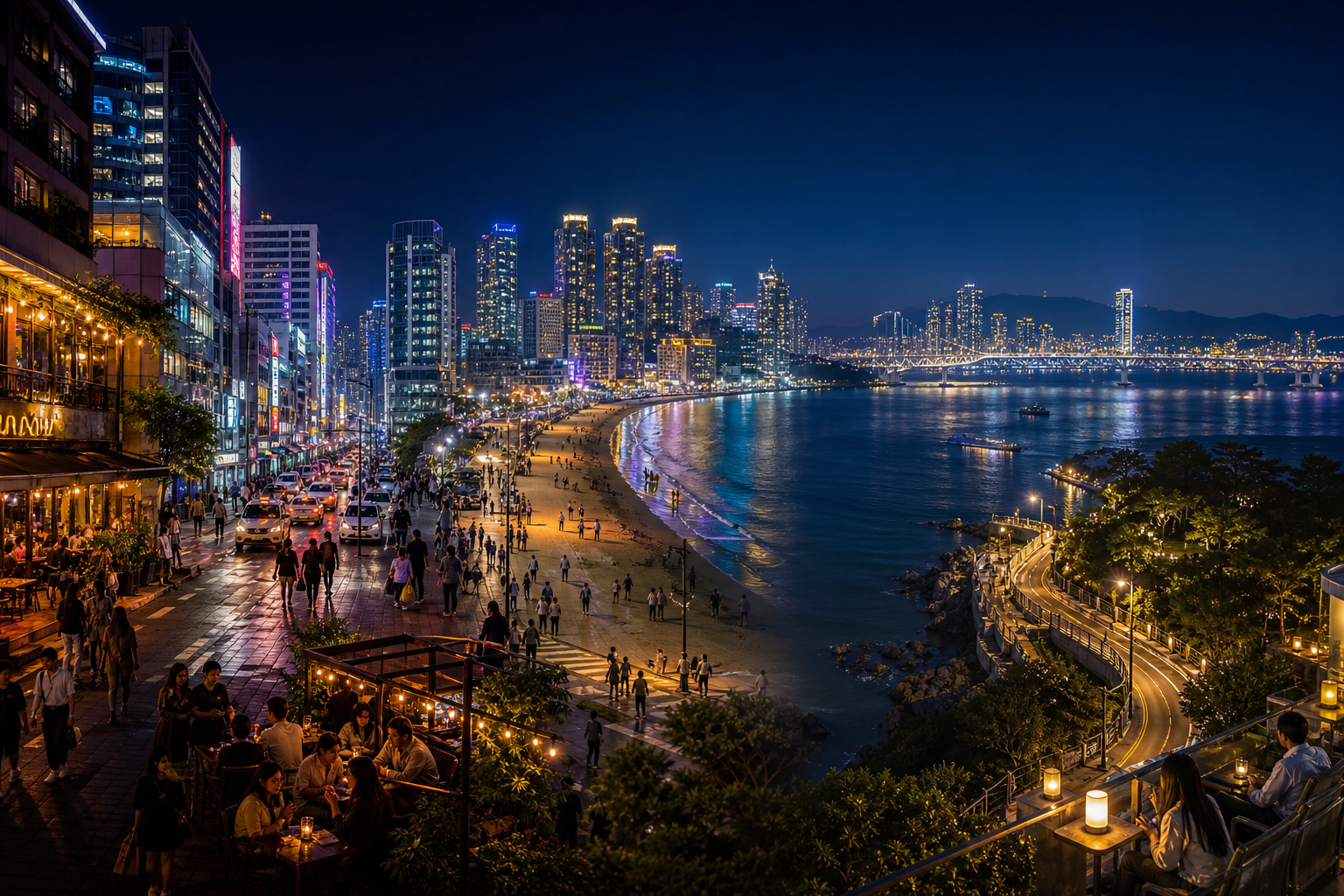 Busan nightlife base comparison showing downtown evening energy, beach-at-night atmosphere, and scenic bridge-view coastal mood