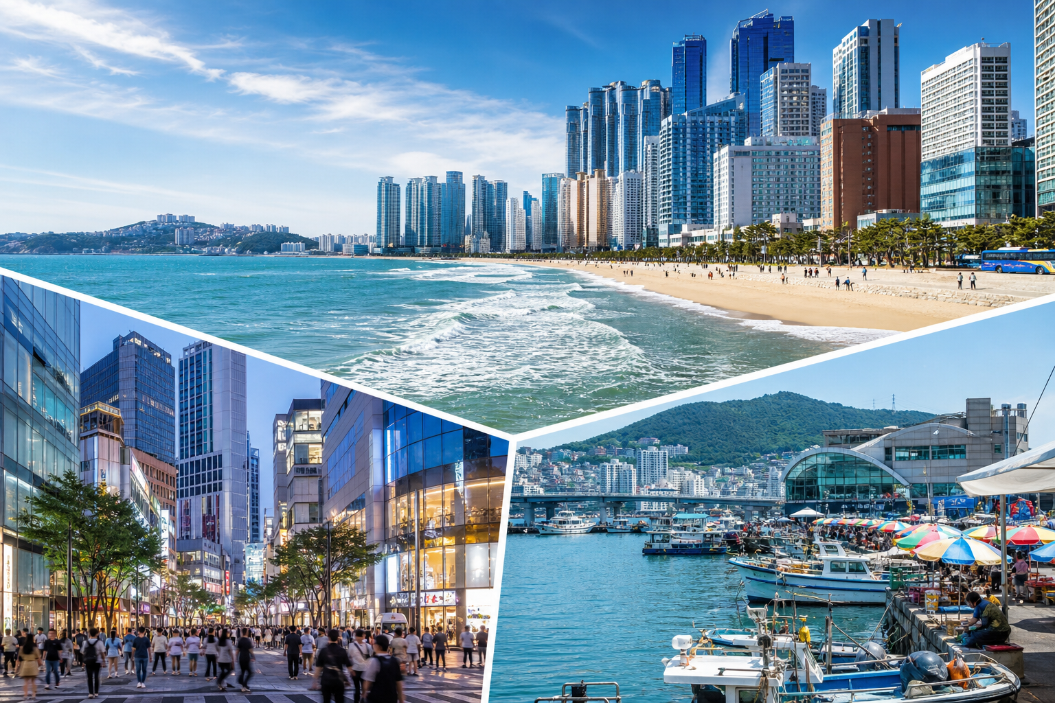 Busan collage featuring Haeundae, Seomyeon, and Nampo travel atmosphere