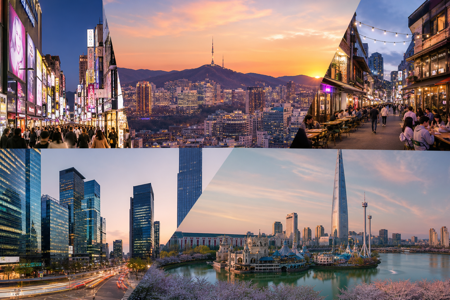 Seoul neighborhood collage showing Myeongdong, Hongdae, Gangnam, and Jamsil travel atmosphere