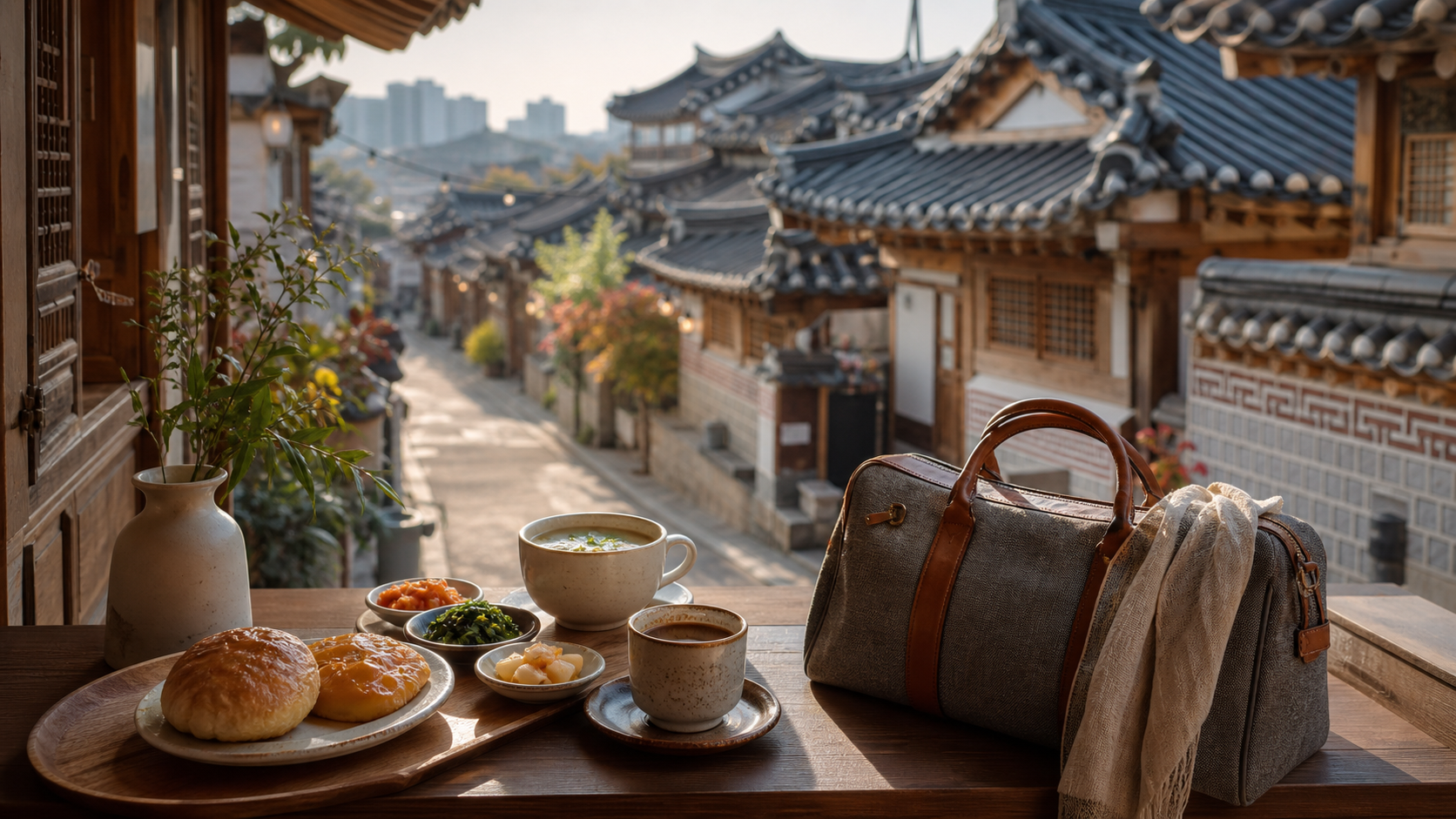 Jeonju Hanok Village lane with food and an overnight travel bag for a two day itinerary