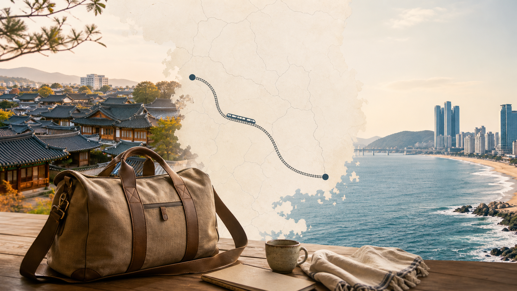 South Korea route from Busan to Jeonju with train travel and hanok rooftops