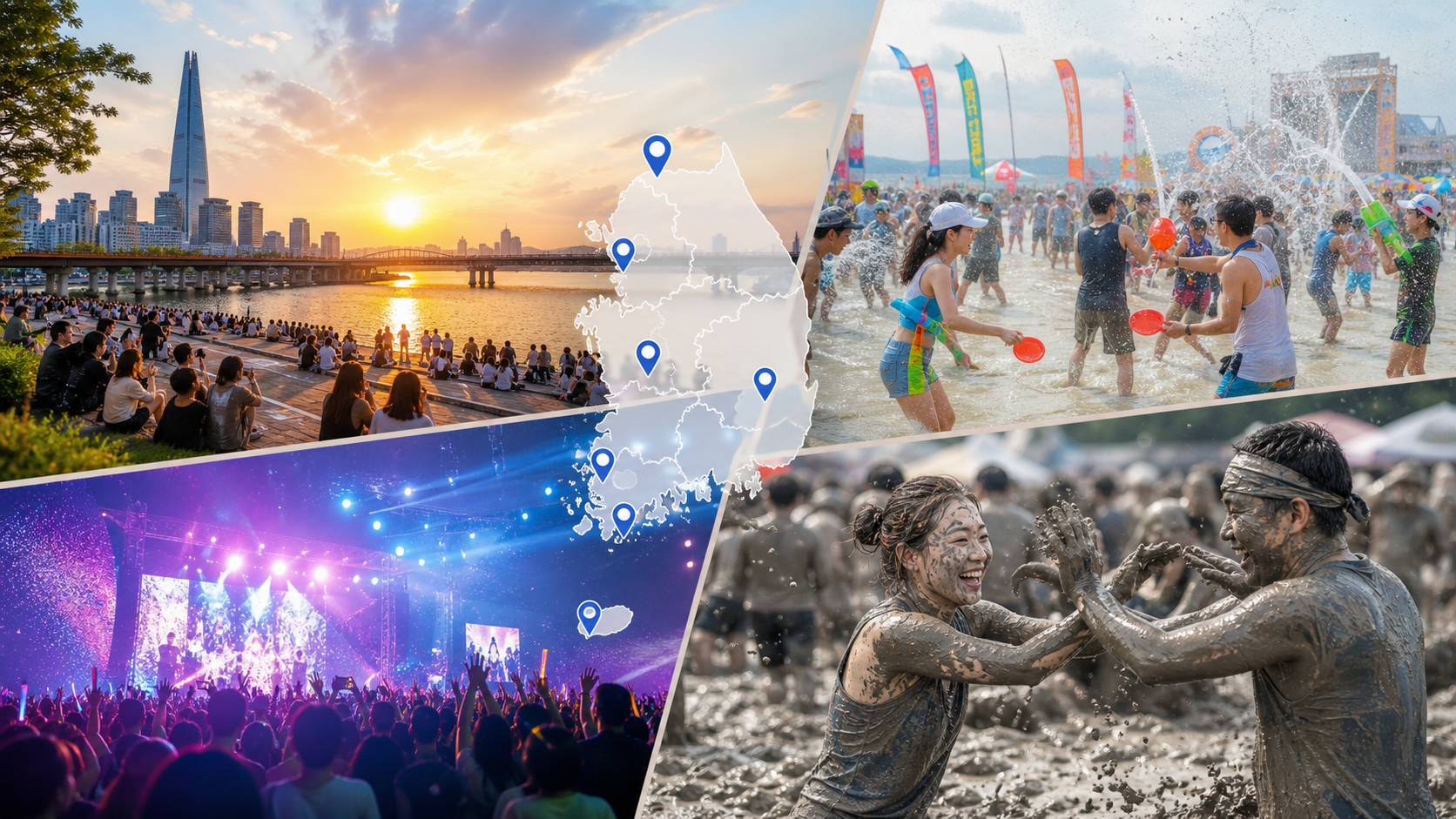 Korea summer festivals travel planning collage with Hangang river beach festival music stage and summer route pins