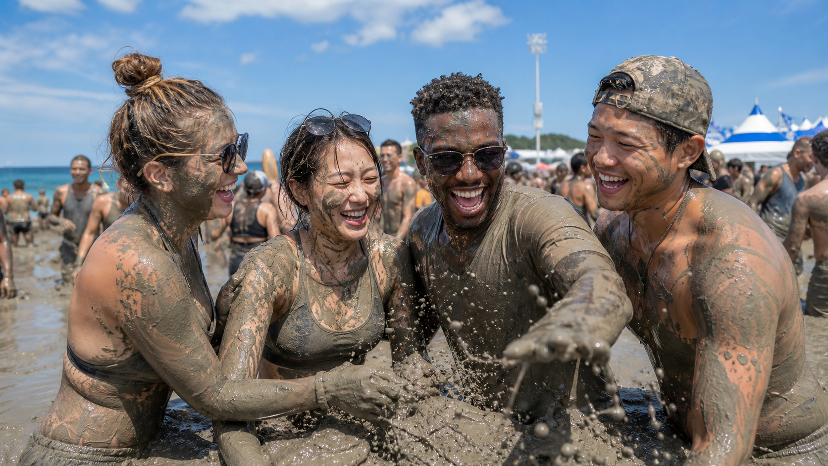 Travelers enjoying Boryeong Mud Festival near a Korean summer beach