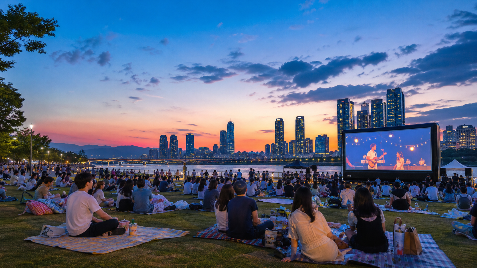 Hangang River Festival Seoul summer evening with riverside park city skyline and picnic atmosphere
