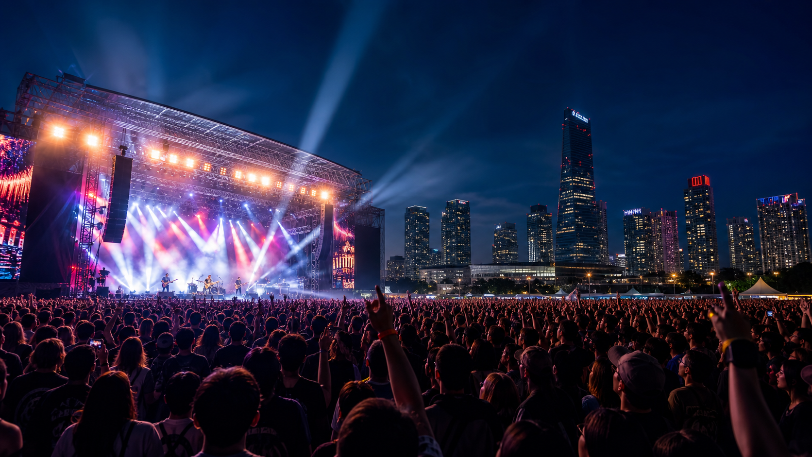 Incheon Pentaport Rock Festival summer night stage in Songdo with Seoul travel planning mood