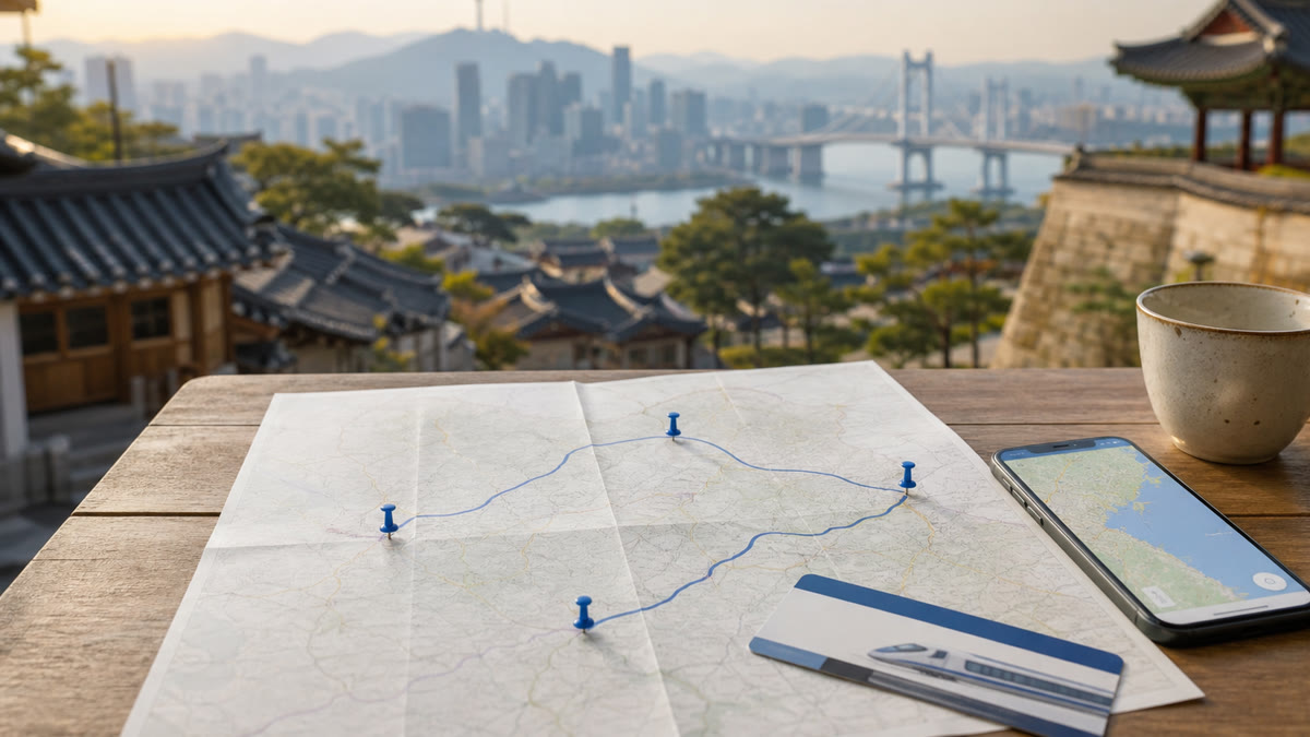 AI-generated editorial travel image of a Korea itinerary map connecting Seoul, Busan, Gyeongju, and Jeonju