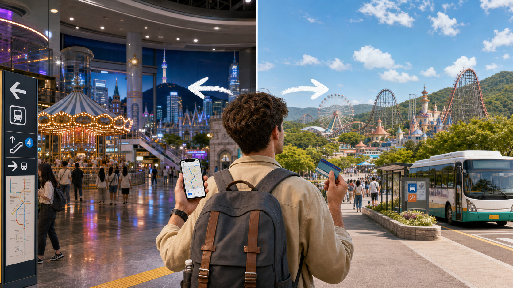 Foreign traveler comparing a Seoul city theme park and a larger Korea resort theme park day trip