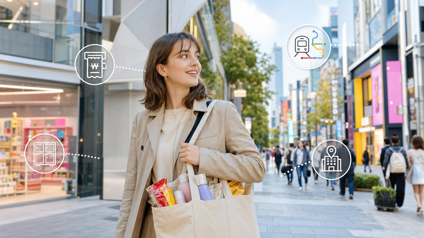 Tourist planning a Korea beauty shopping day in Seoul with tax refund, subway, luggage, and hotel-base considerations