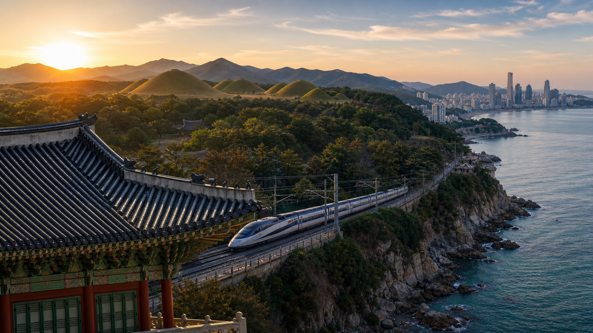 AI editorial Korea itinerary image with Seoul palace roof, KTX route, Gyeongju heritage hills, and Busan coast for an eight day trip