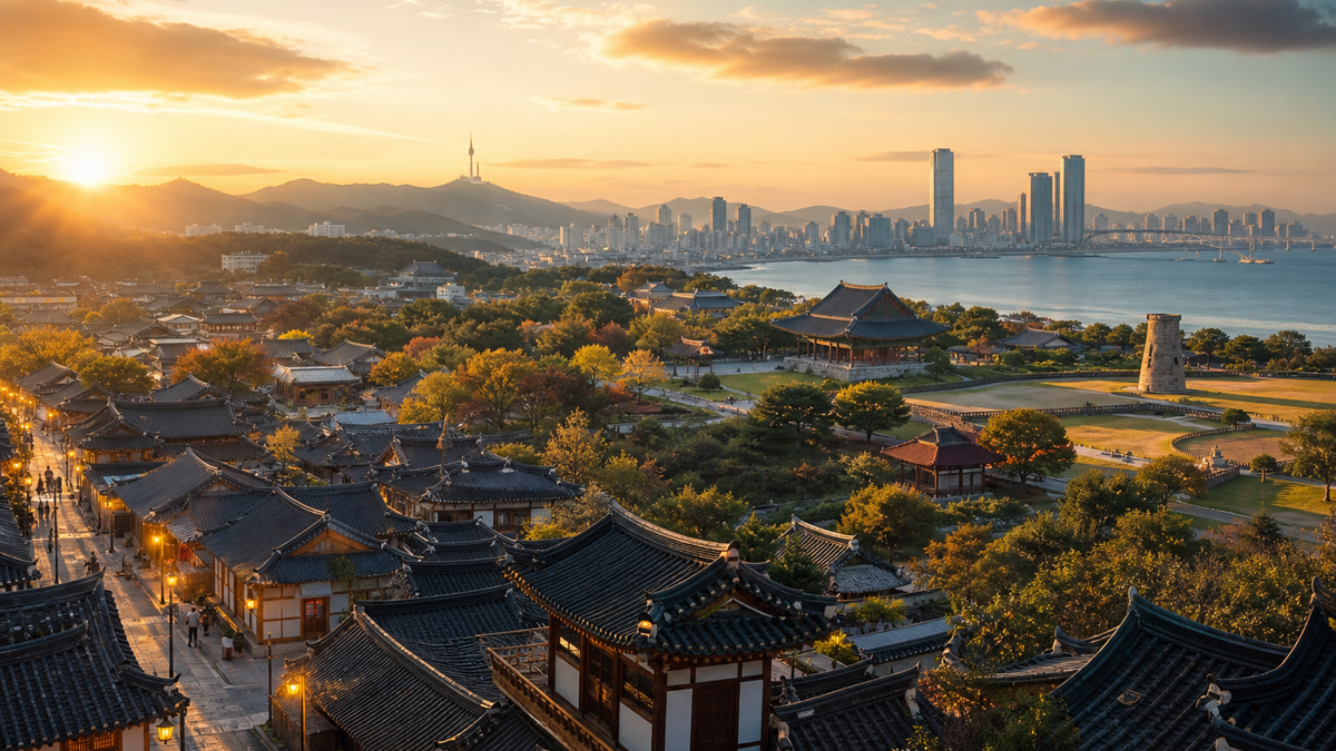 AI editorial Korea itinerary image with Jeonju hanok rooftops, Gyeongju heritage landscape, Busan coast, and Seoul skyline for a ten day trip