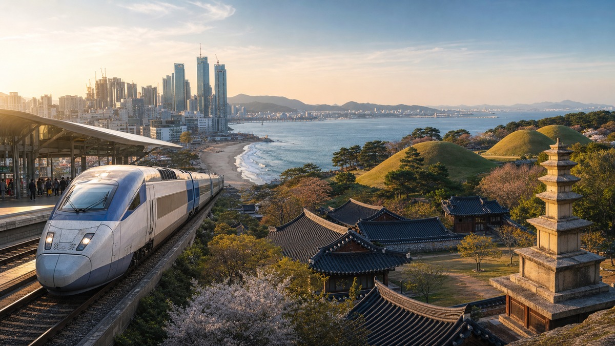 AI editorial Korea route image with KTX train, Busan coastline, and Gyeongju heritage landscape for Seoul Busan Gyeongju travel planning