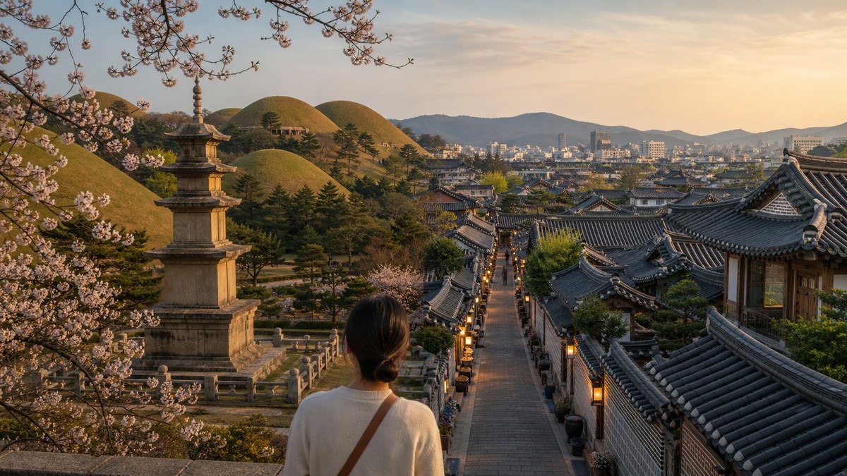 AI editorial image showing Gyeongju royal tombs and traditional hanok rooftops for deciding whether to visit both Gyeongju and Jeonju