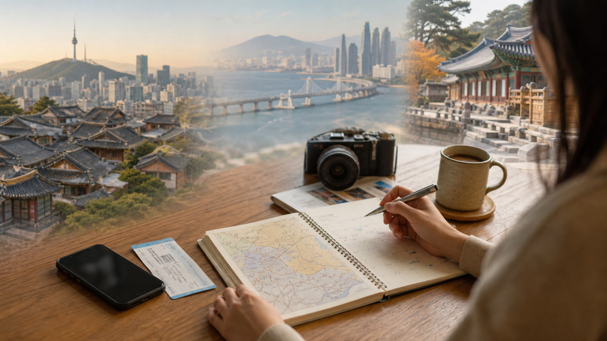 Traveler planning a Korea first trip route with Seoul Busan Gyeongju and Jeonju itinerary ideas