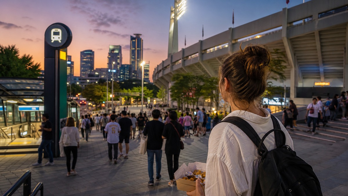 Foreign visitors arriving by subway for a Seoul baseball game night near a brightly lit stadium