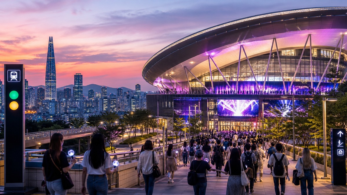 Foreign visitors walking toward a modern Seoul concert venue at dusk