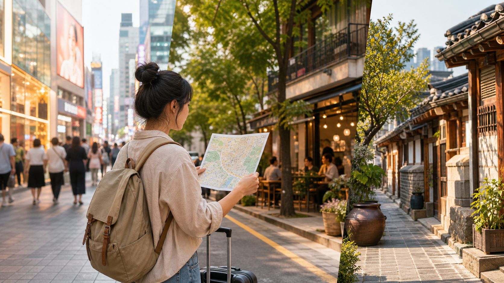 Solo traveler choosing where to stay in Seoul with neighborhood map and suitcase