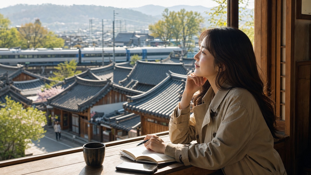 Traveler planning a Korea heritage route between Gyeongju and Jeonju with hanok rooftops and train travel