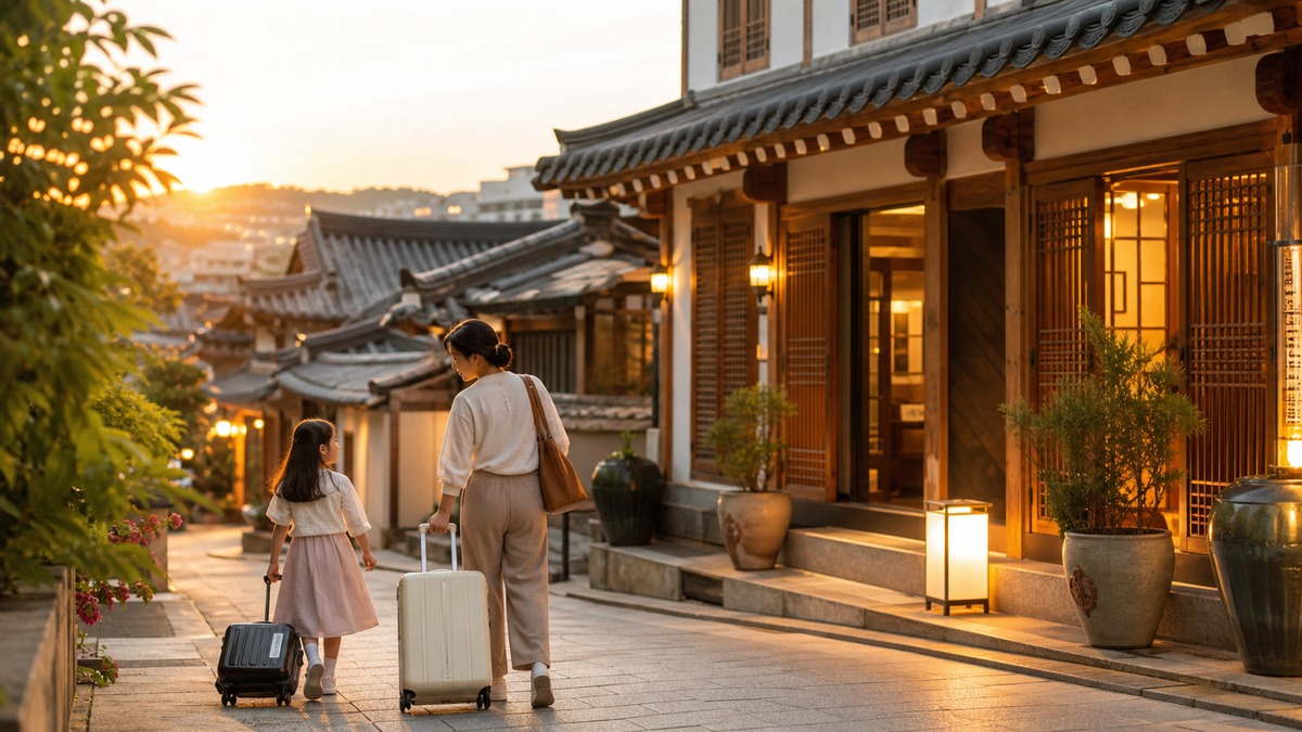 Family walking with luggage near Jeonju Hanok Village for a family-friendly stay guide