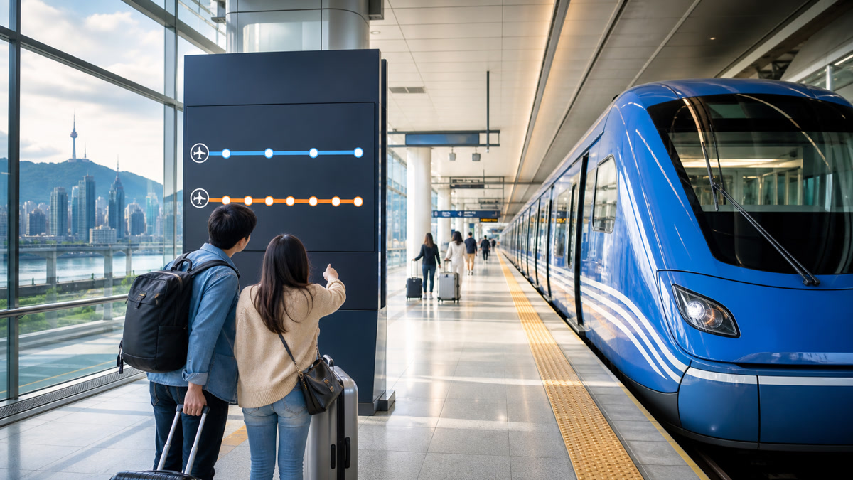 Travelers choosing between the AREX Express and all-stop airport train from Incheon Airport to Seoul