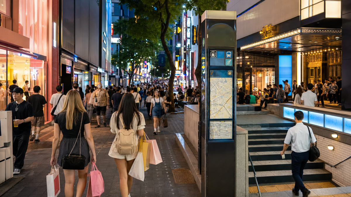 Myeongdong shopping street in Seoul with travelers, shopping bags, and evening storefront lights