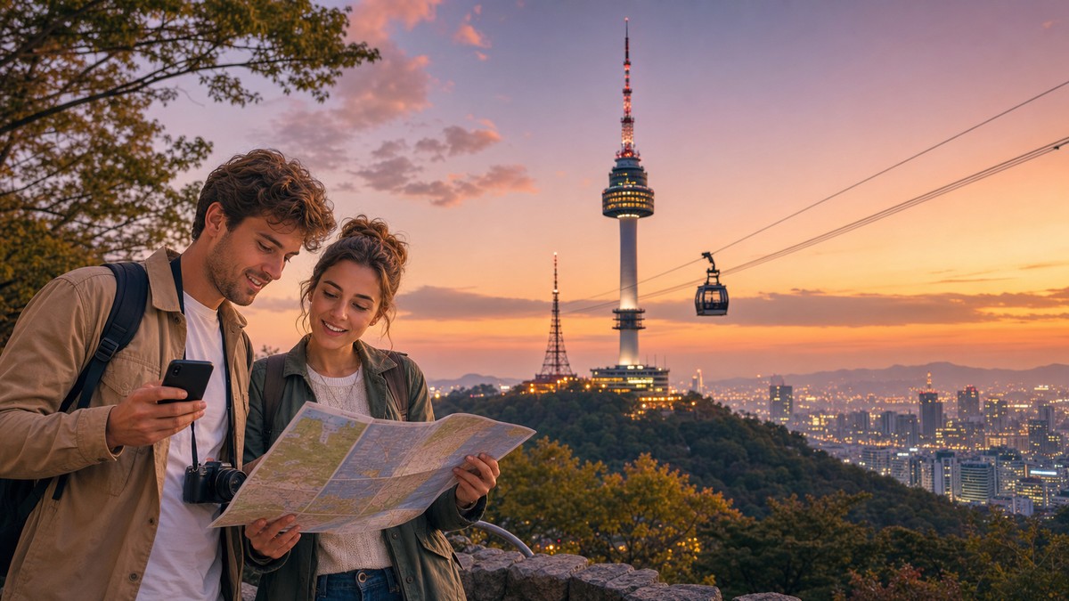 Foreign visitors looking toward N Seoul Tower at dusk while planning an evening Seoul itinerary