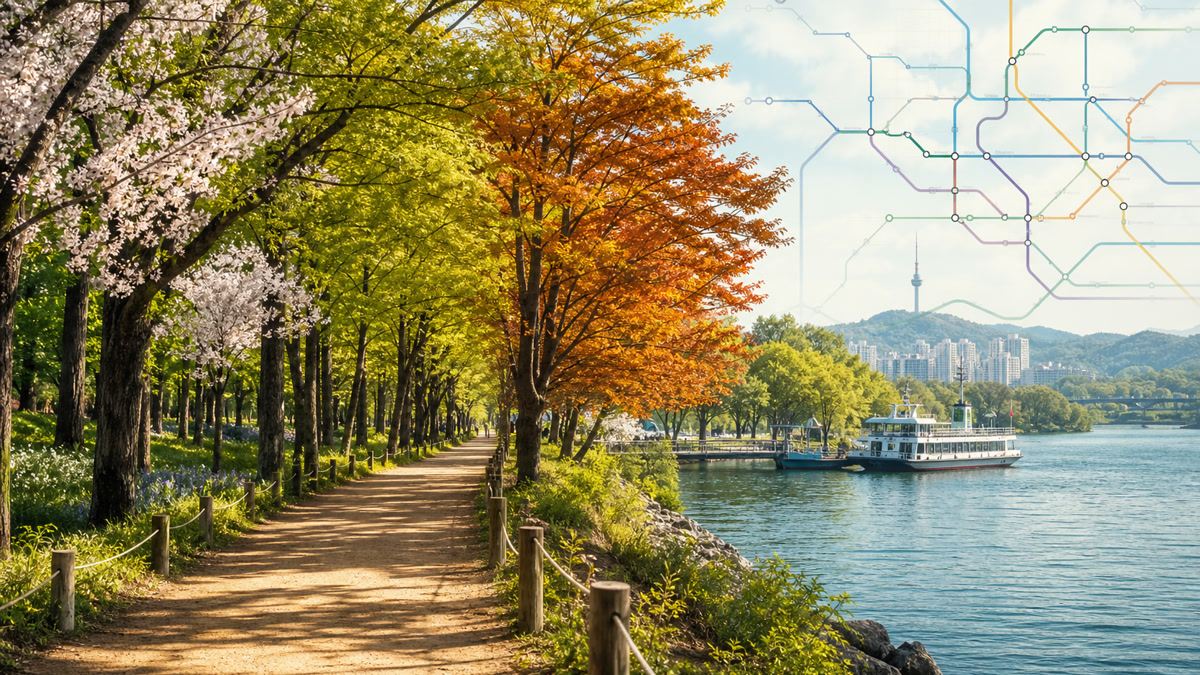Nami Island day trip from Seoul editorial travel image with tree-lined paths and river crossing