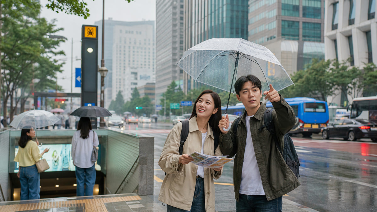 Rainy day in Seoul with travelers using umbrellas near a subway entrance