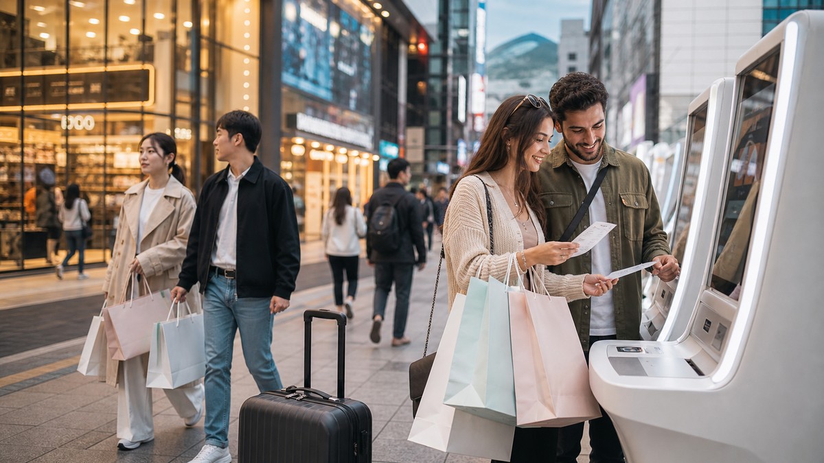 Foreign tourists using a Korea tax refund kiosk after shopping in Seoul
