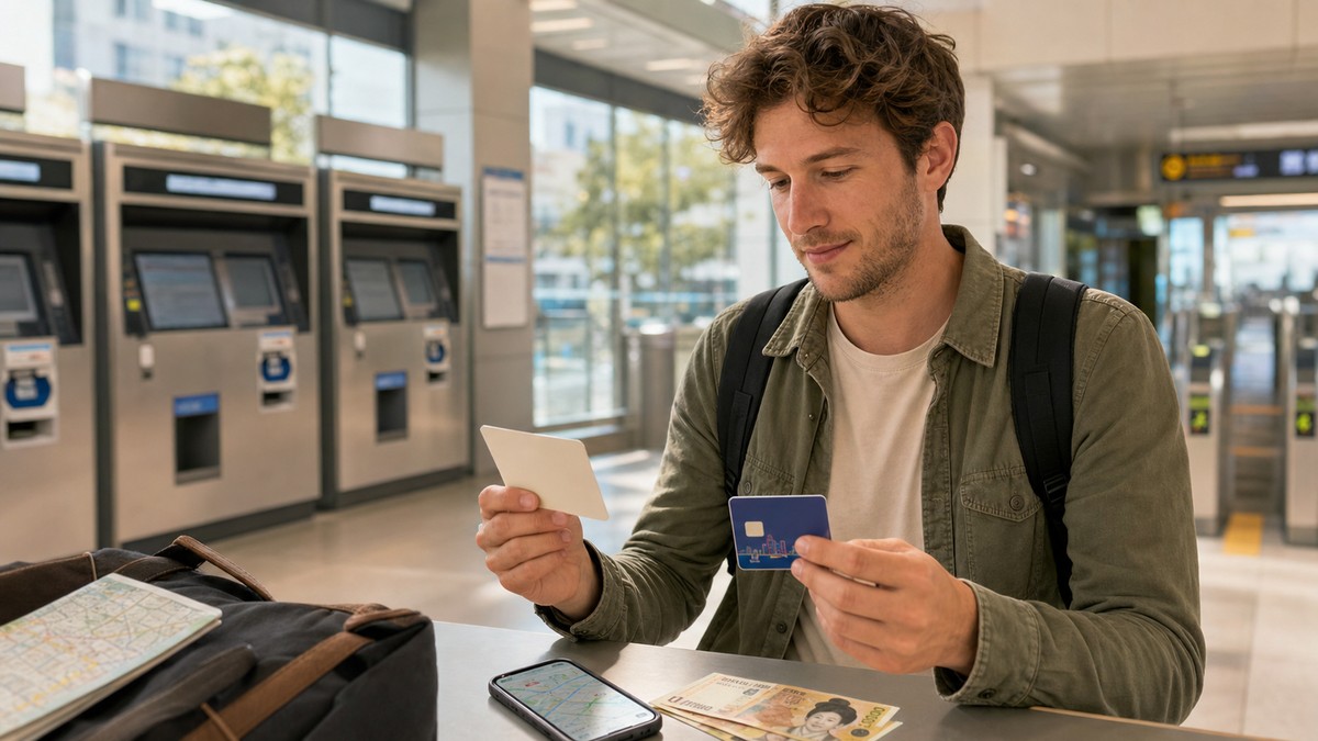 First-time Korea traveler organizing a prepaid travel card, transit card, phone map app, and Korean won at a Seoul subway station