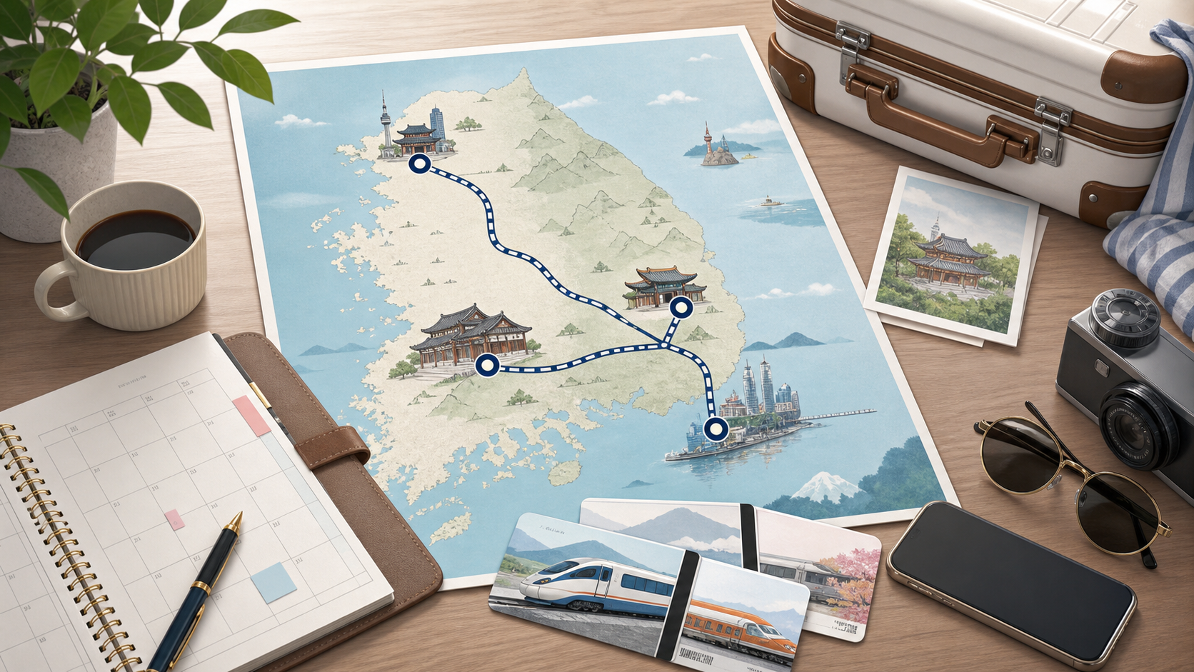 Korea first trip itinerary planning map with Seoul, Busan, Gyeongju, and Jeonju route notes