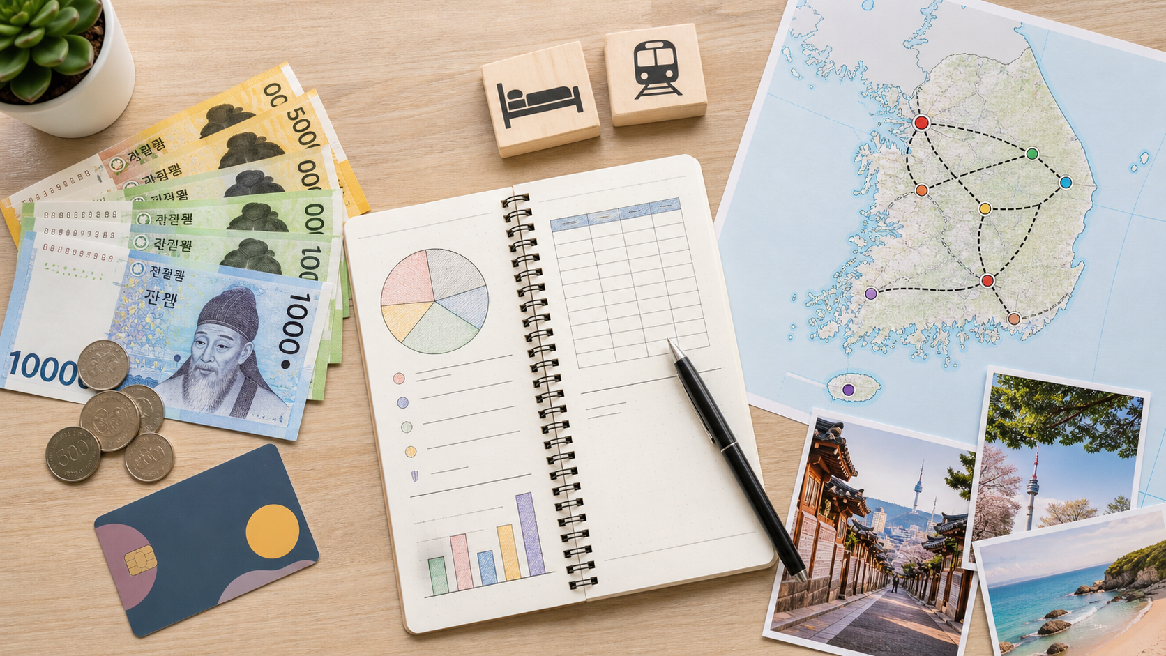 Korea first trip budget planner with route map transit card and travel costs